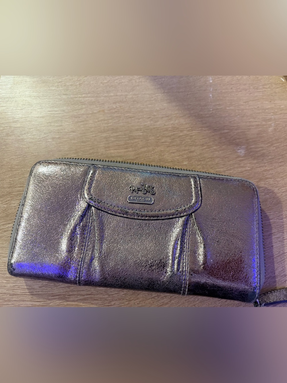 Coach Metallic Gunmetal Leather Zip Wallet